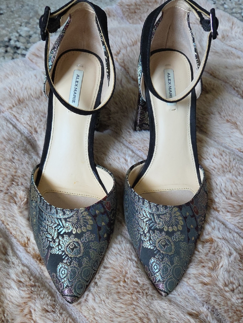 Alex Marie Metallic Brocade Pointed Toe Ankle Strap Pumps